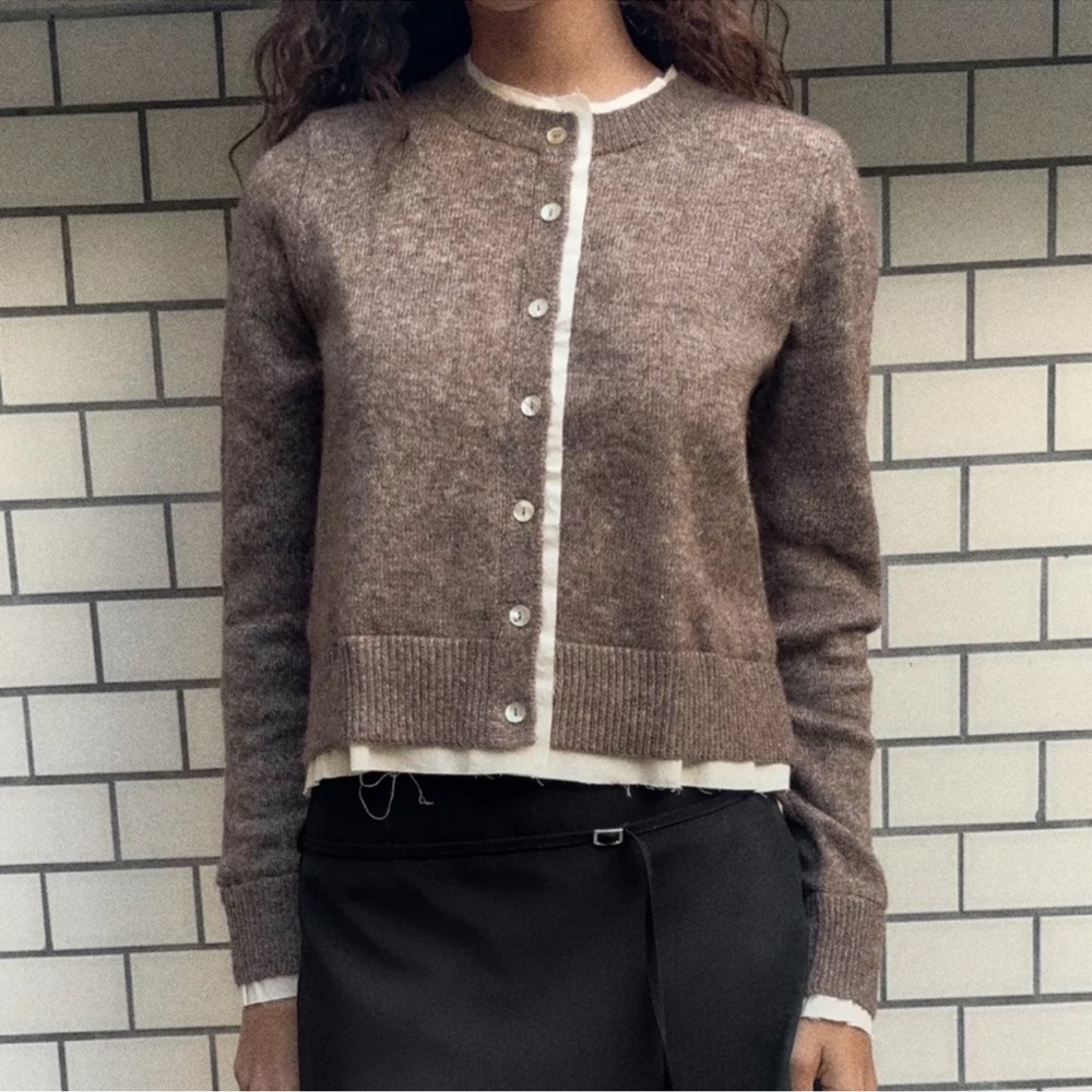 Zara Combination Knit Wool Blend, Cotton Lined Cardigan Sweater. Mink. L NWT - Picture 4 of 12